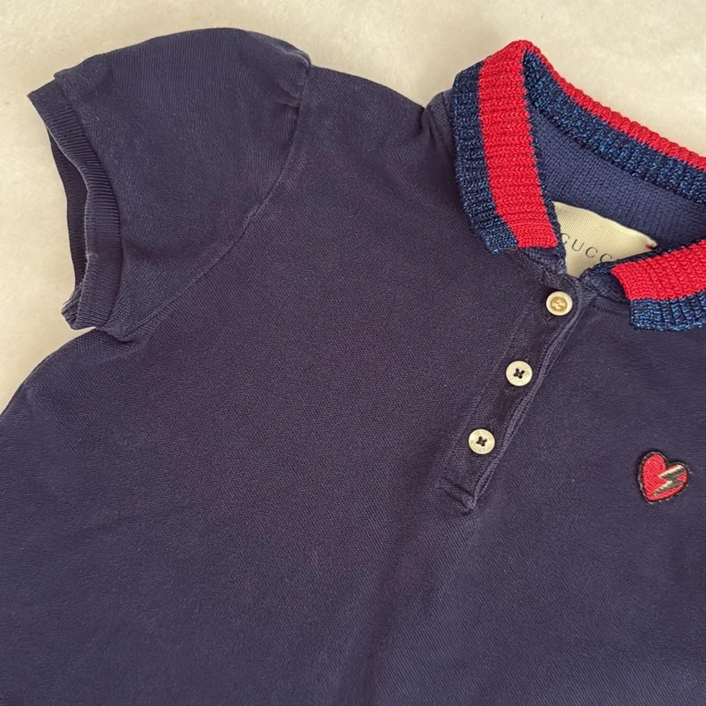 Gucci | Heart Patch Stripe Knit Collar Short Sleeve Pique Polo Dress Navy Blue 8 - Picture 2 of 16